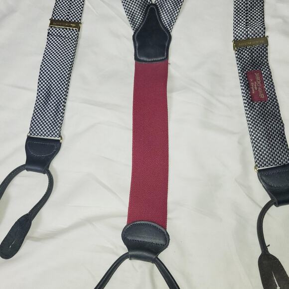 Barrons Hunter Suspenders Mens Black Gray Check Button End Leather Y-Back USA - Picture 4 of 8
